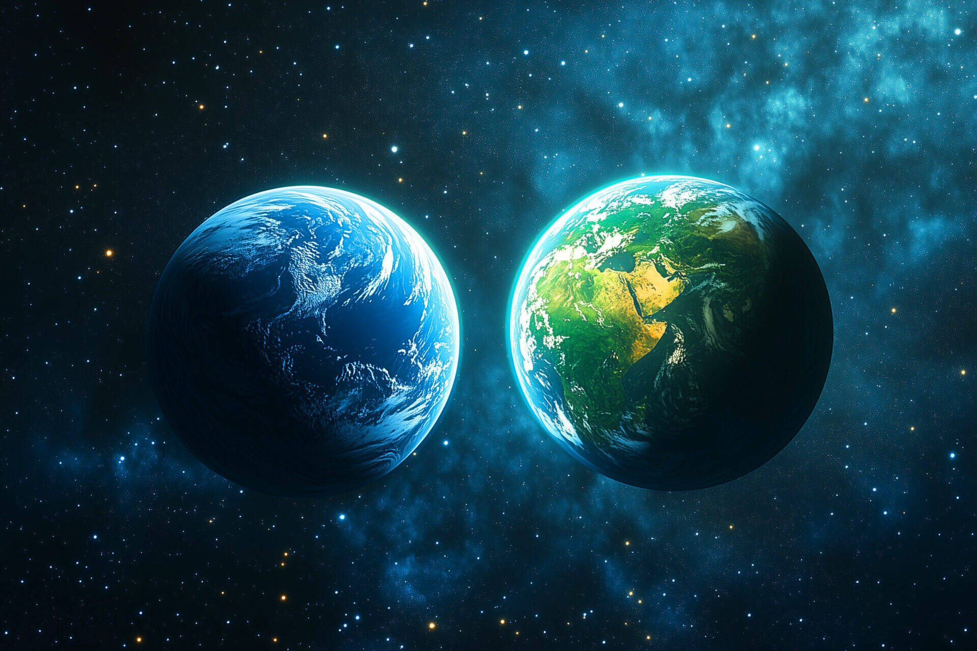 Due Terre sospese nello spazio, una mostra una faccia di soli oceani blu, l'altra mostra i contenenti verdi.