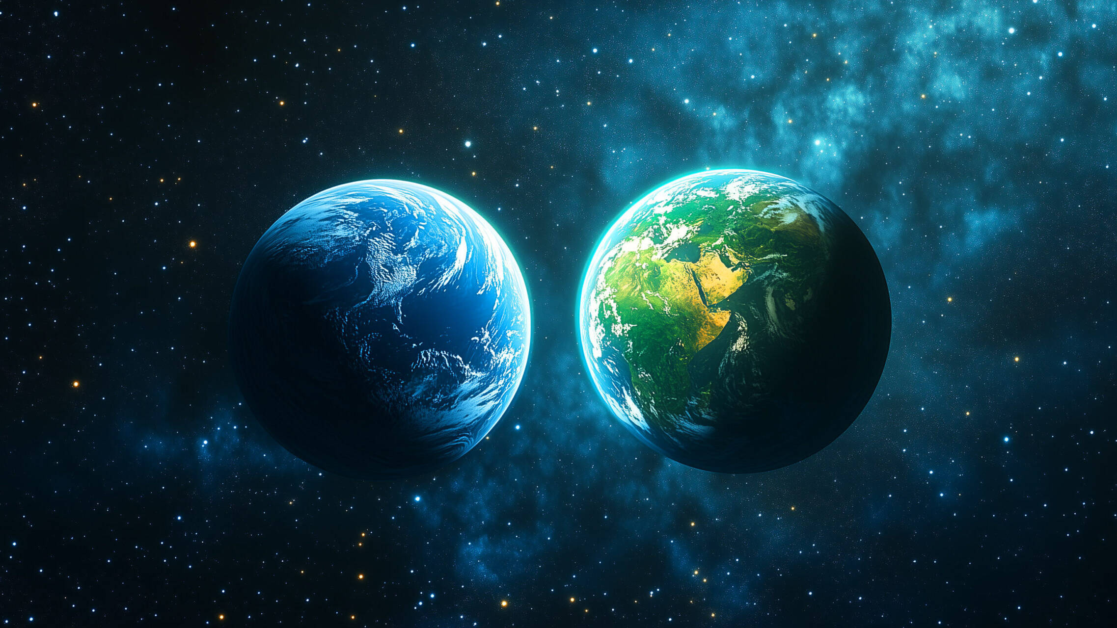 Due Terre sospese nello spazio, una mostra una faccia di soli oceani blu, l'altra mostra i contenenti verdi.