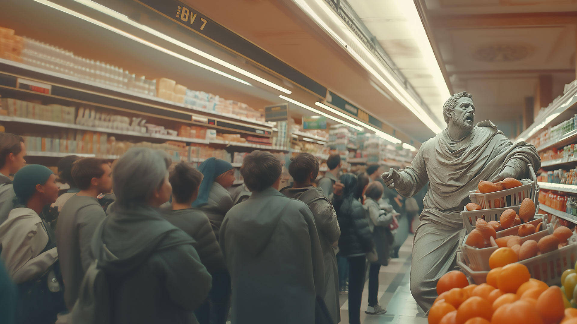 Un consumatore pietrificato come una statua in un supermercato