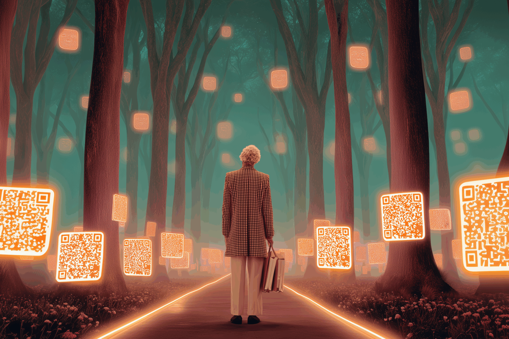 Una persona anziana spersa in una foresta di alberi e QR code simbolici