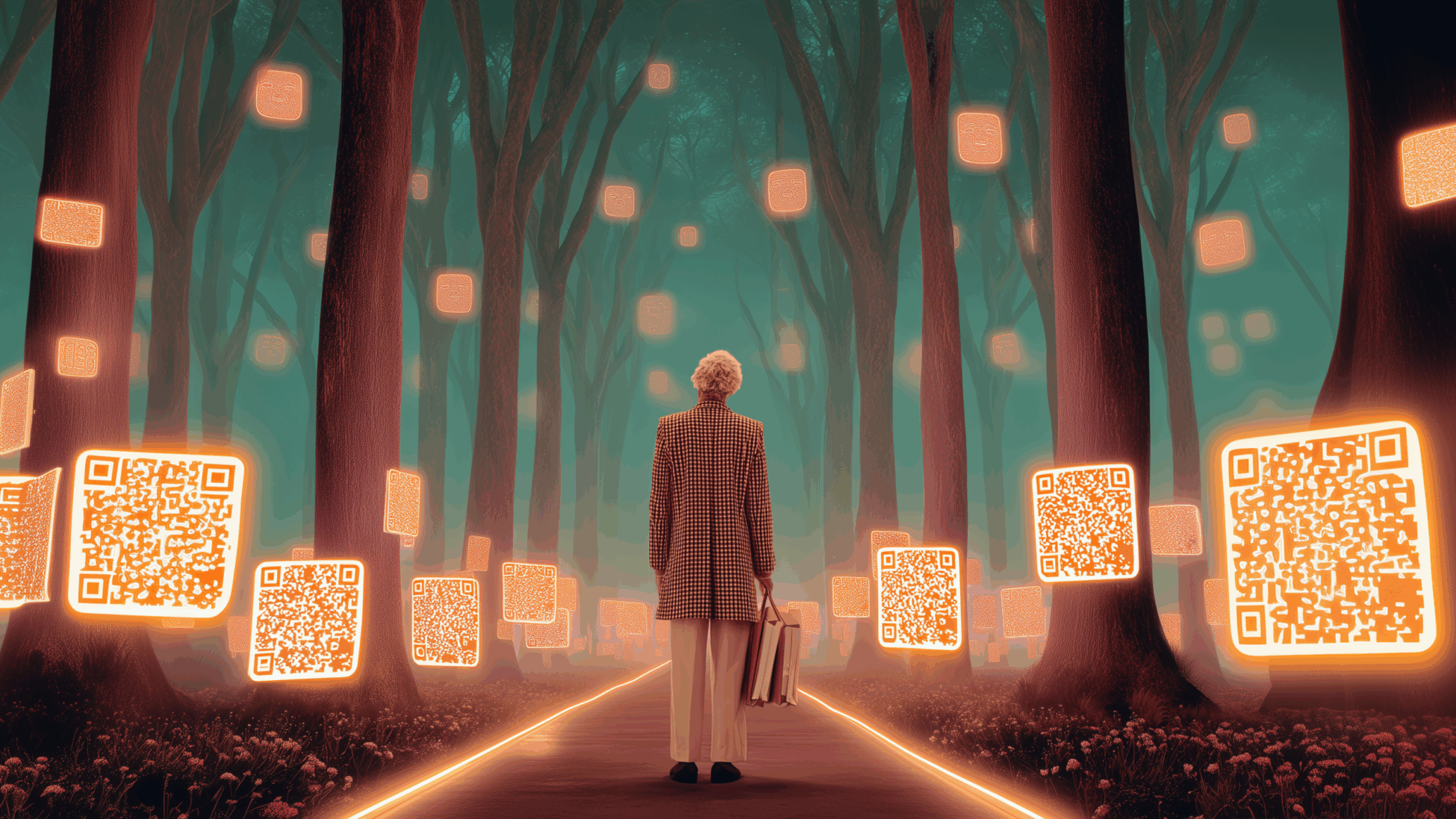 Una persona anziana spersa in una foresta di alberi e QR code simbolici